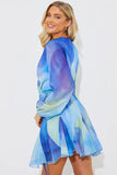 Blue Abstract Print Chiffon Wrap Godet Frill Mini Dress