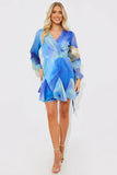 Blue Abstract Print Chiffon Wrap Godet Frill Mini Dress