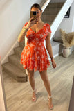 Coral Floral Print Chiffon Flutter Sleeve Mini Dress