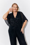 Black Sequin Cape Style Wide Leg Jumpsuit