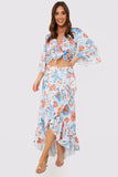 Multi Floral Tie Front Fluted Sleeve Crop Top