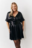 Black Liquid Satin Wrap Front Detail Mini Dress