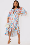 Multi Floral Tie Front Fluted Sleeve Crop Top