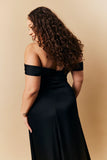 Black Satin Bardot Ruched Maxi Dress