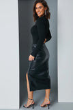 Leather Look Ruched Split Detail Midi Skirt
