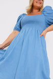 Chambray Shirred Balloon Sleeve Midi Dress