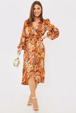 Plunge Balloon Sleeve Belted Midi Dress