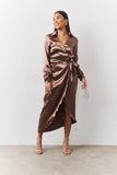 Bronze Liquid Satin Wrap Midaxi Dress