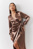 Bronze Liquid Satin Wrap Midaxi Dress