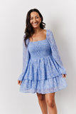 Blue Floral Print Shirred Bust Tiered Mini Dress